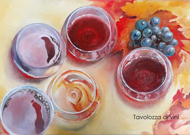 "Tavolozza di vini" (olio e vernici su tela 70 x 5...